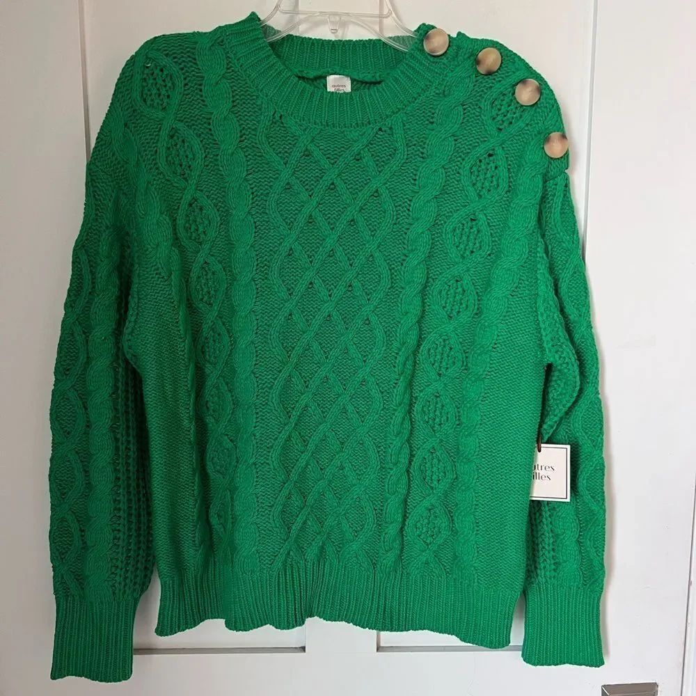 NWT Autres Filles Green Cable Knit Button  Classic Chunky Winter Cozy Sweater L